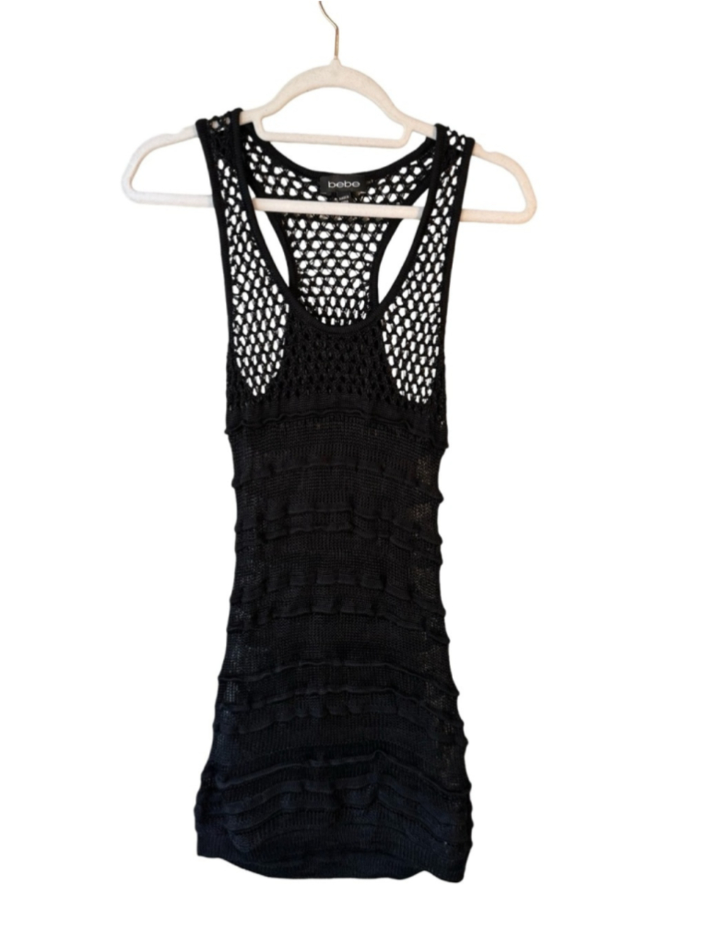 bebe Black Open-Knit Crochet Mini Tank Dress Cover Up Size S Y2K Boho Beach